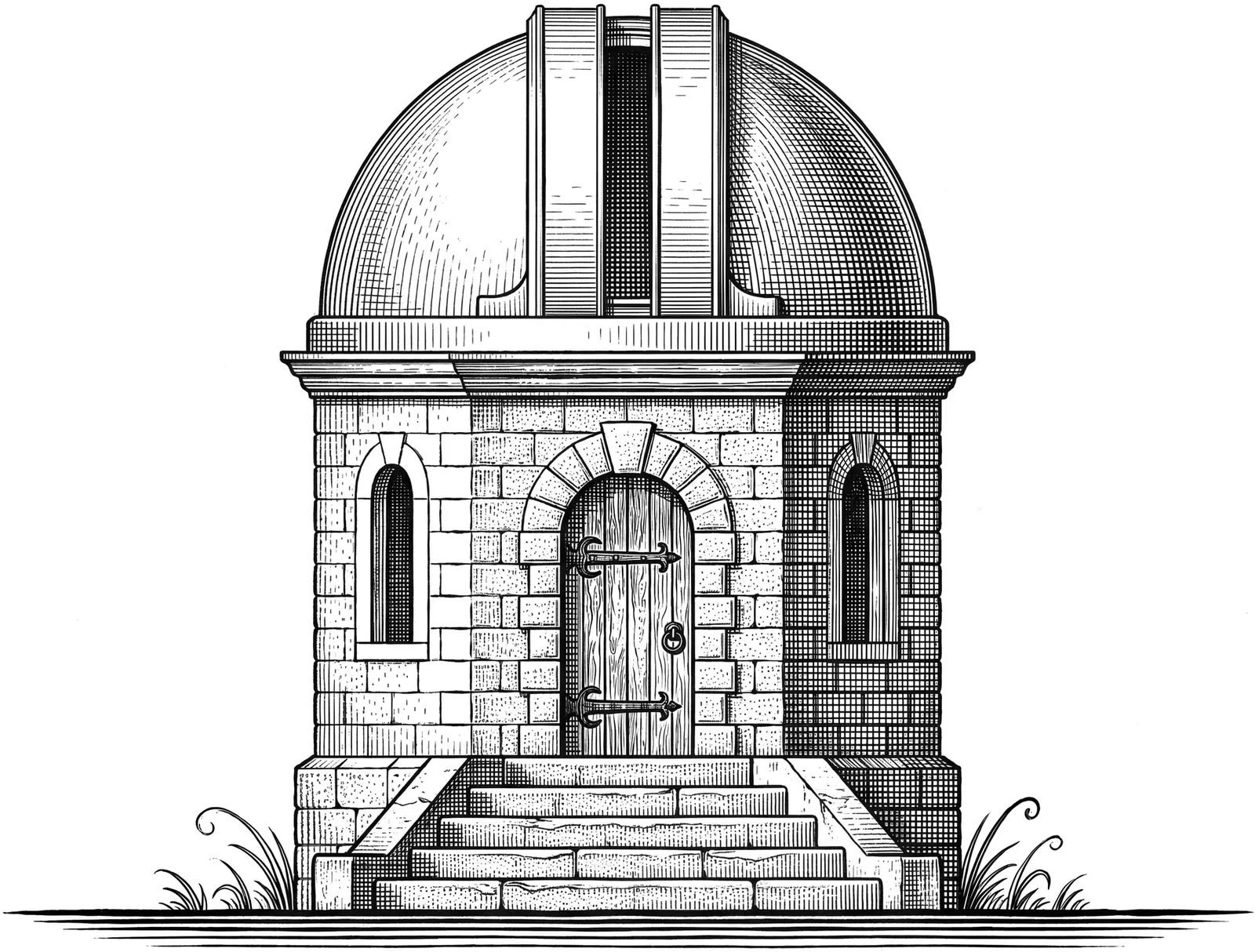Engraving of the observatory: stone base, steps and dome